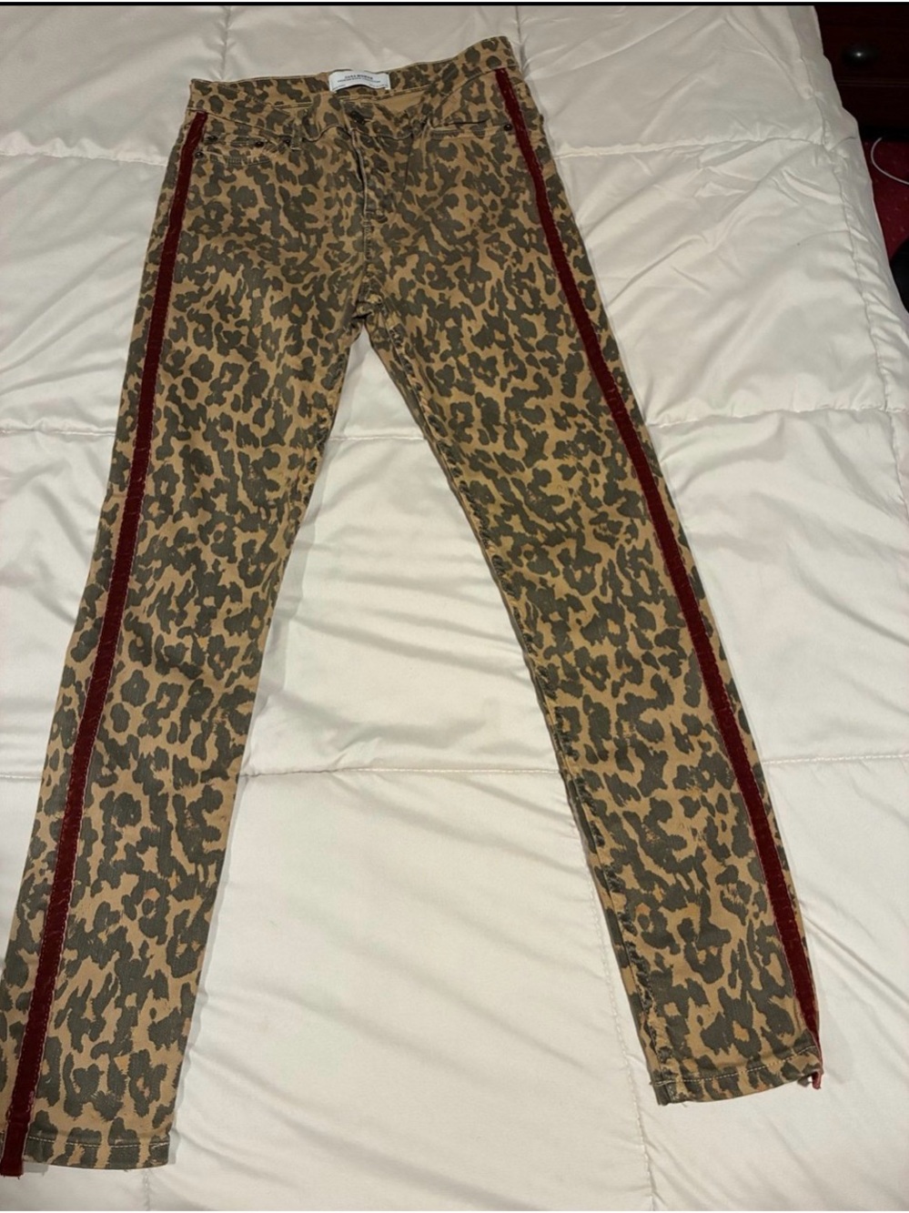 Zara Leopard Print Skinny Pants with Burgundy Side Trim